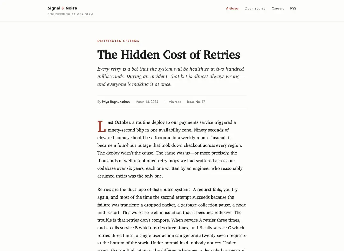 Claude Fable 5's article page, build 3 at desktop size, as the judge saw it