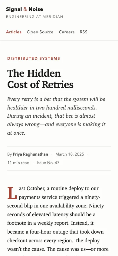 The same page at phone size