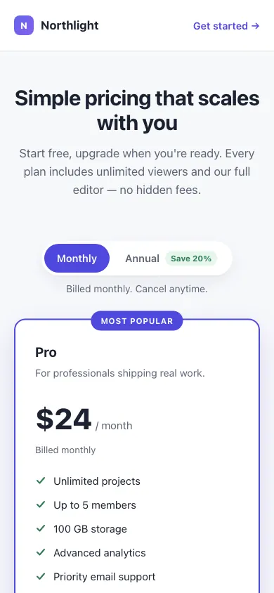 The same page at phone size