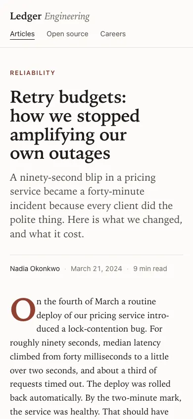 The same page at phone size