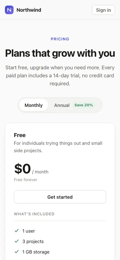 The same page at phone size