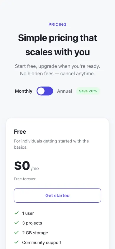 The same page at phone size