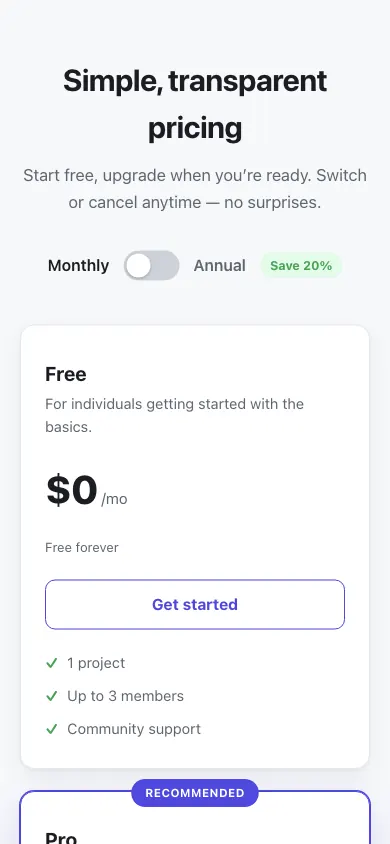 The same page at phone size