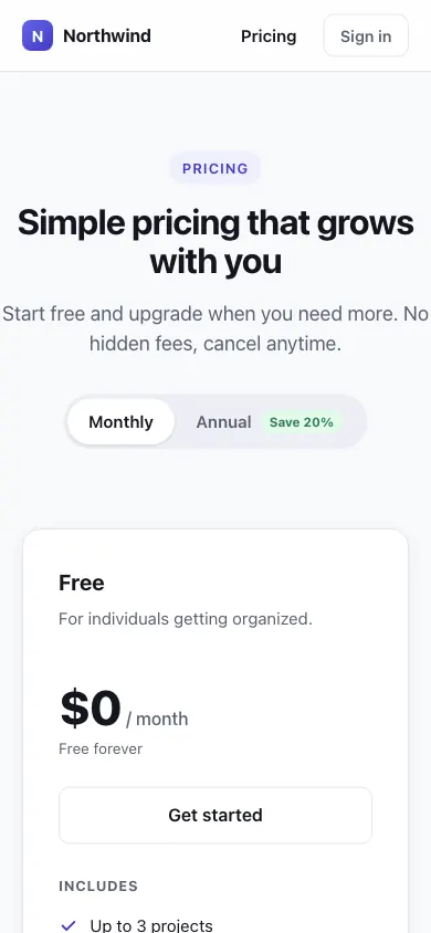 The same page at phone size