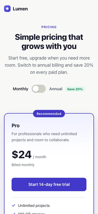 The same page at phone size