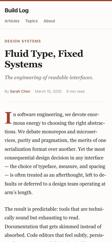 The same page at phone size