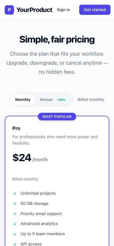 The same page at phone size