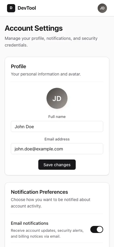 The same page at phone size