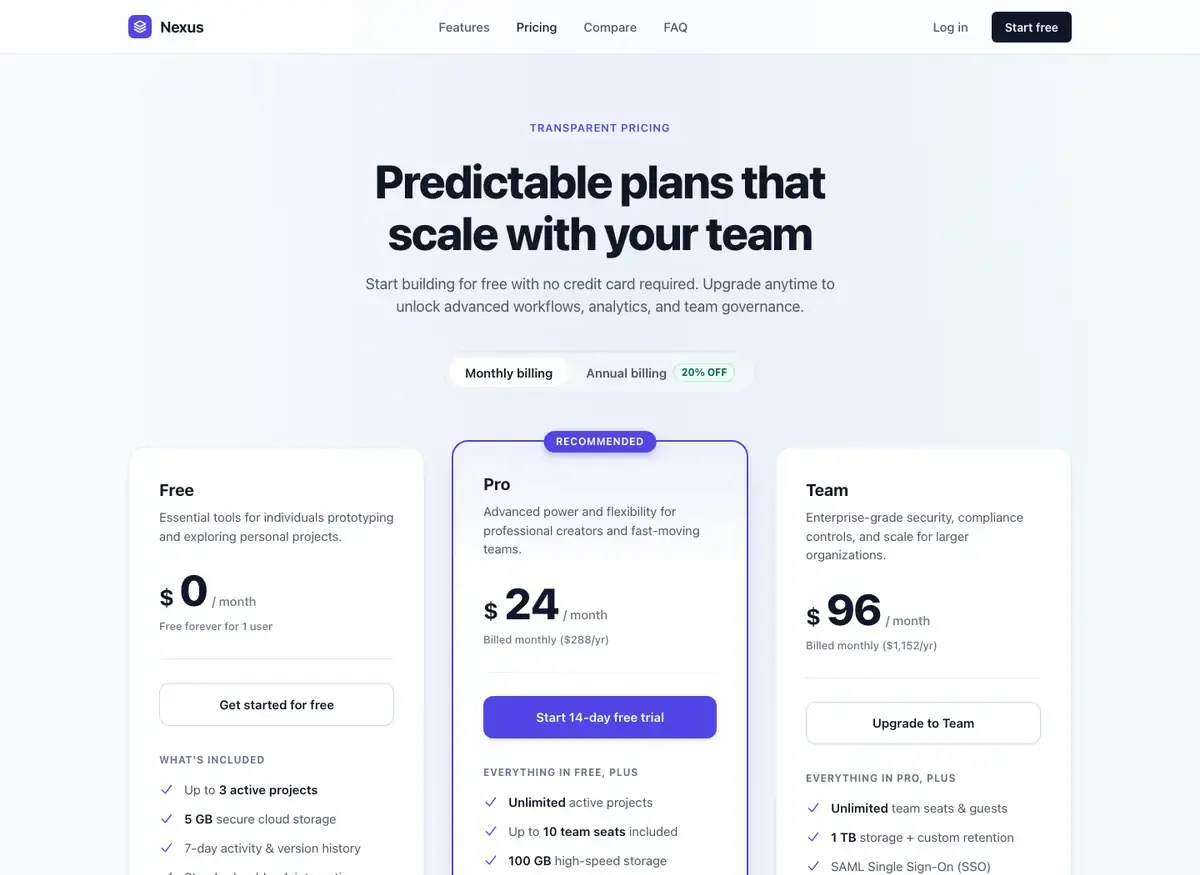 Gemini 4 Argon's pricing page, build 1 at desktop size, as the judge saw it