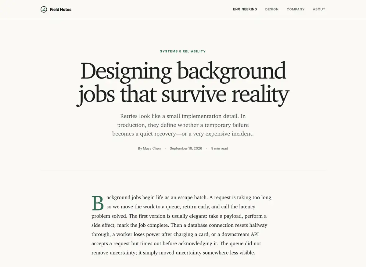 GPT-5.6 Sol's article page, build 1 at desktop size, as the judge saw it