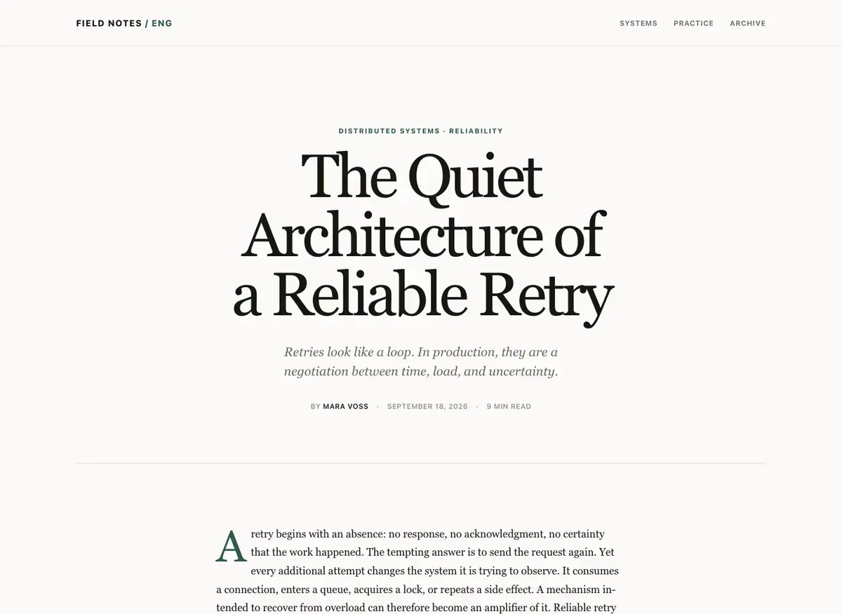 GPT-5.6 Sol's article page, build 2 at desktop size, as the judge saw it