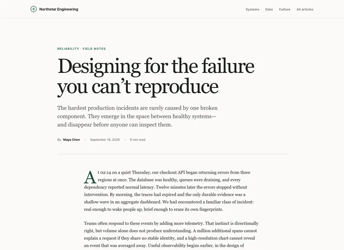 GPT-5.6 Sol's article page, build 3 at desktop size, as the judge saw it