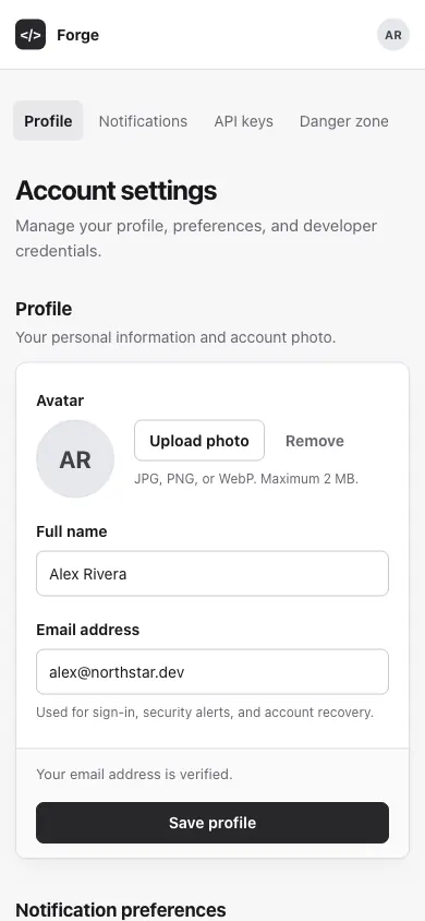 The same page at phone size
