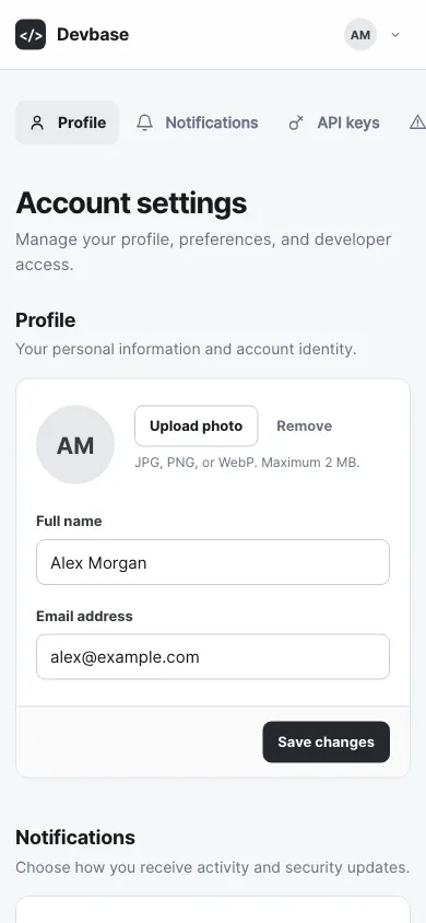 The same page at phone size