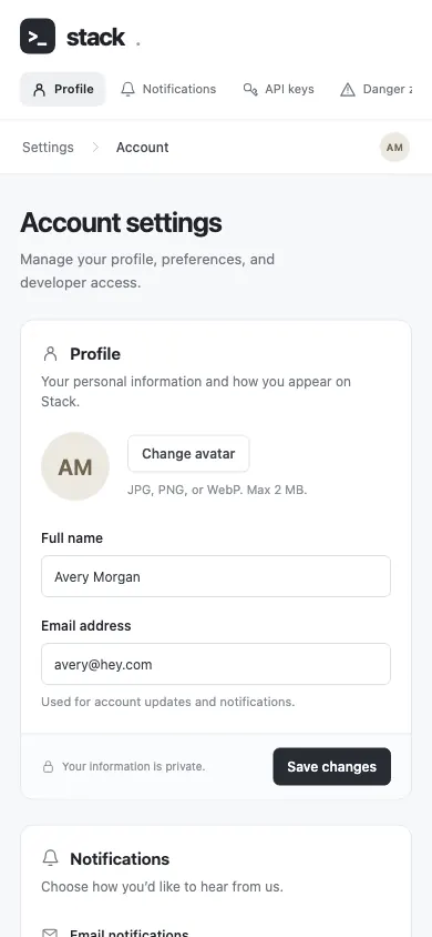 The same page at phone size