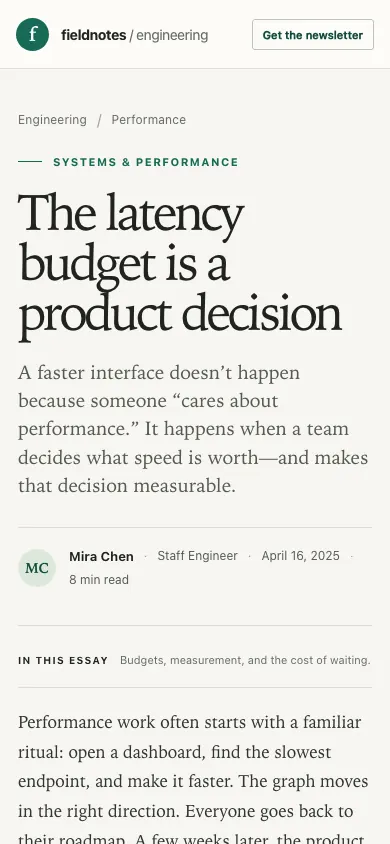 The same page at phone size