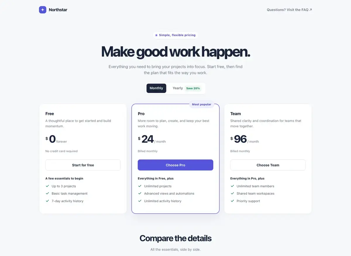 GPT-6 Luna's pricing page, build 2 at desktop size, as the judge saw it