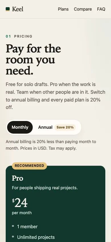 The same page at phone size