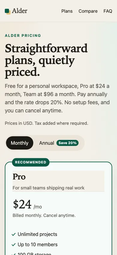 The same page at phone size