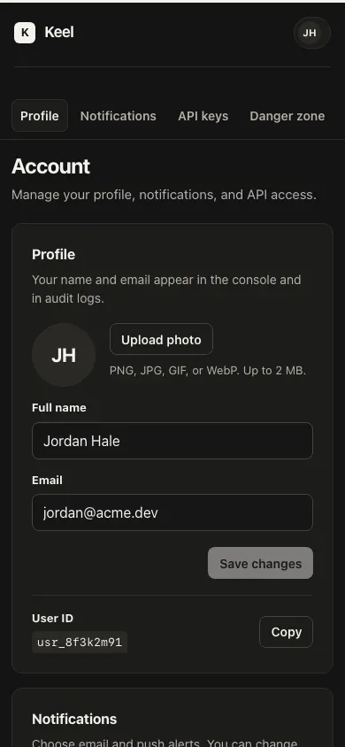 The same page at phone size
