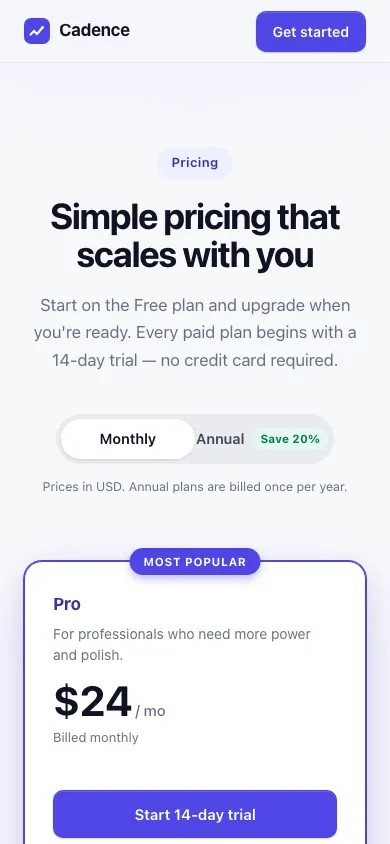 The same page at phone size