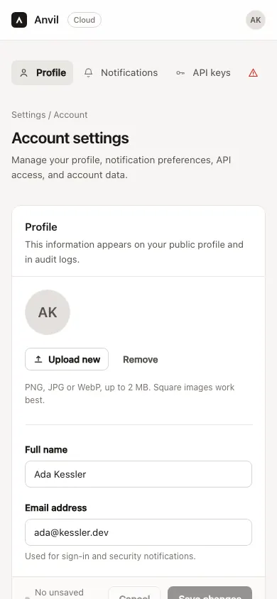 The same page at phone size