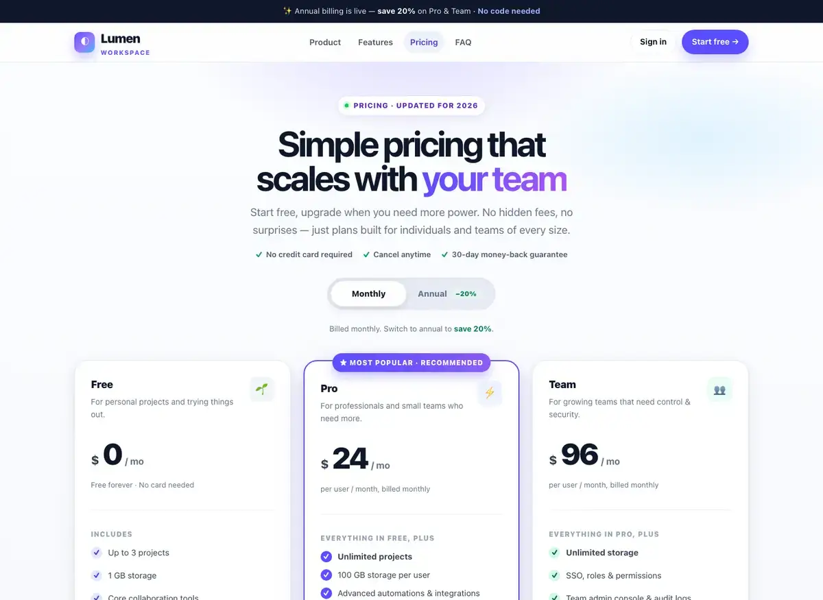 Muse Wonder's pricing page, build 2 at desktop size, as the judge saw it