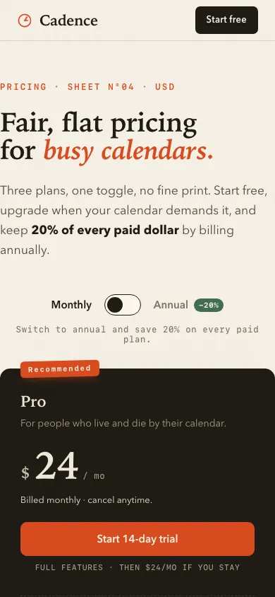 The same page at phone size