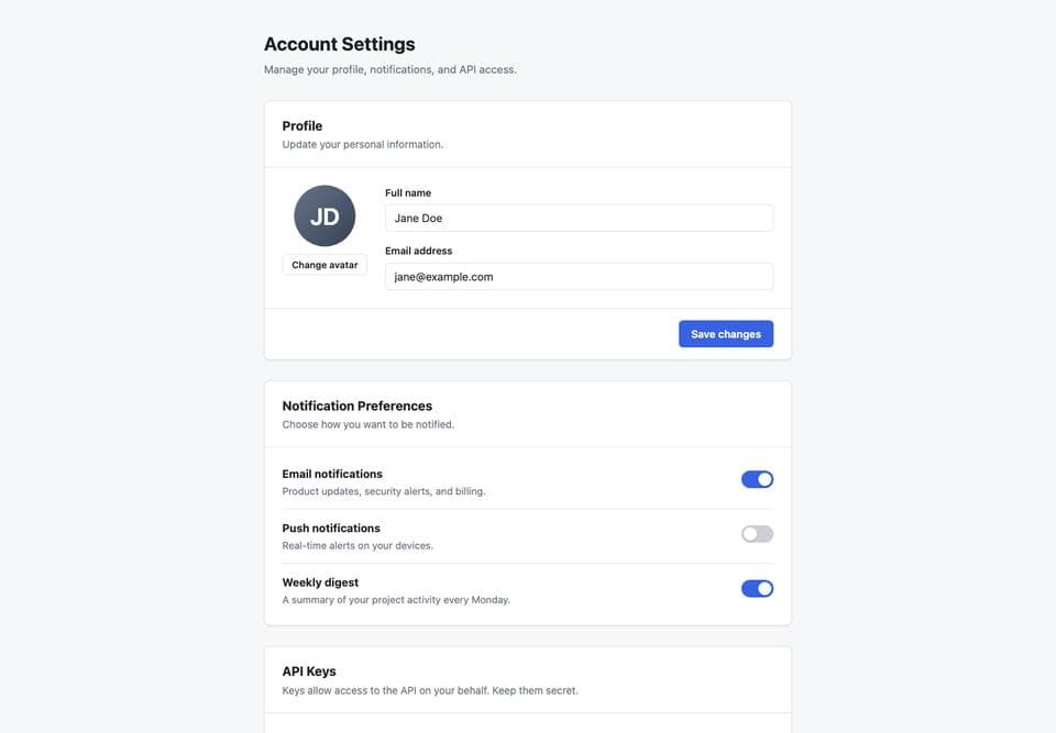 Settings page built by Claude Opus 4.8, desktop, top of the page