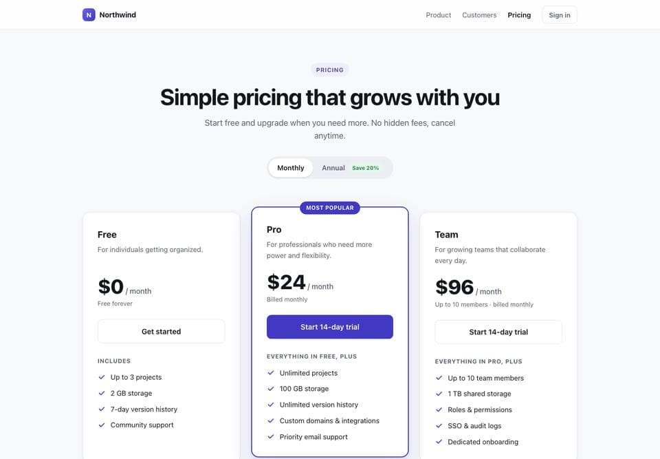 Pricing page built by Claude Opus 5.5, desktop, top of the page