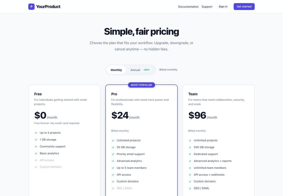 Pricing page built by DeepSeek V4 Pro, desktop, top of the page