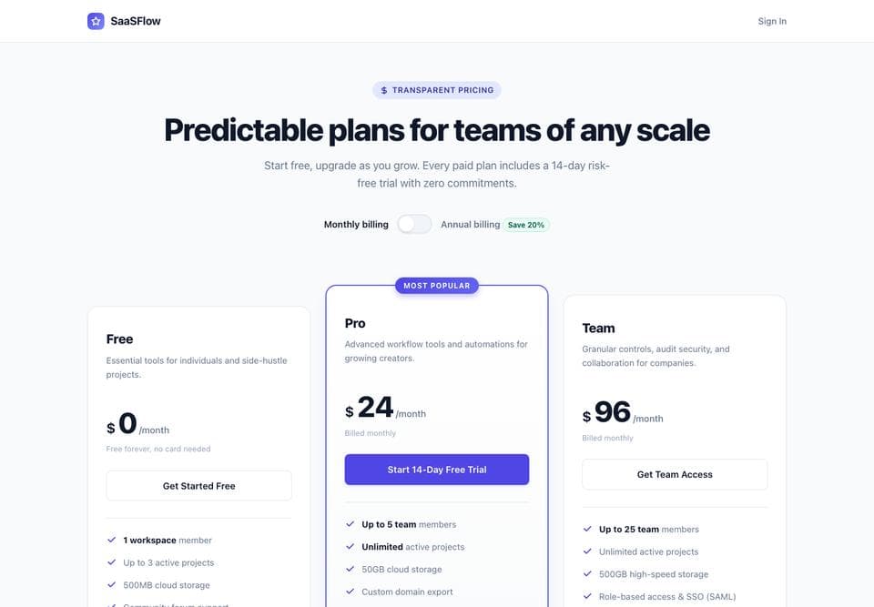 Pricing page built by Gemini 3.8 Flash, desktop, top of the page