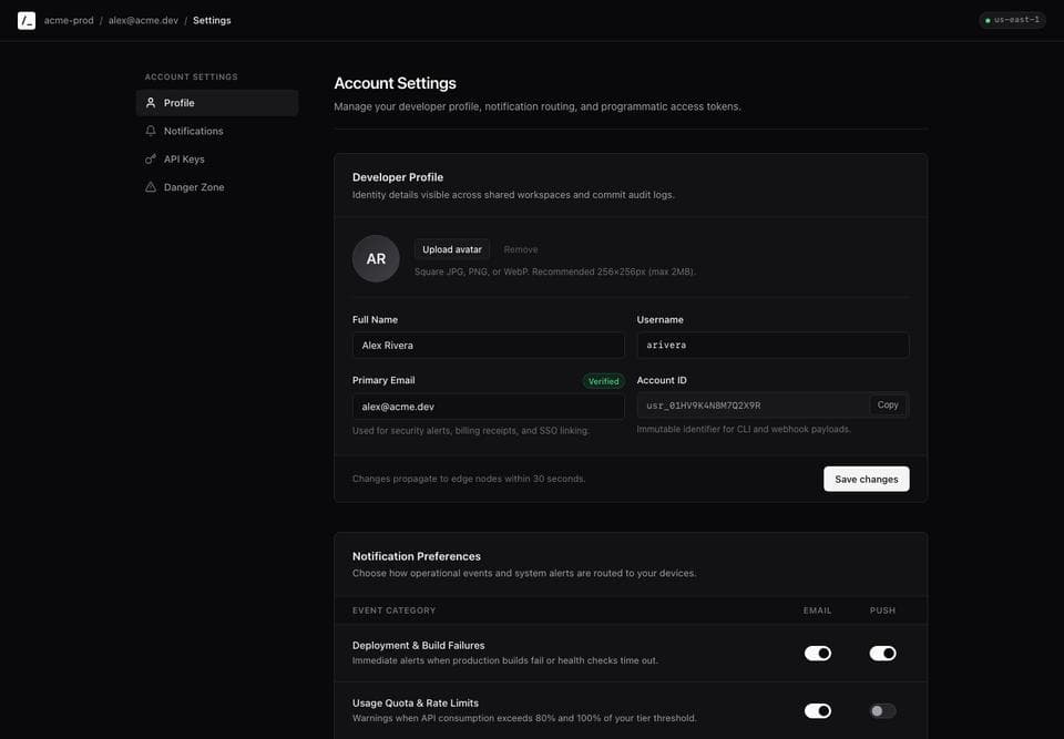 Settings page built by Gemini 4 Argon, desktop, top of the page