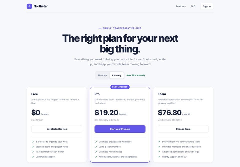 Pricing page built by GPT-6 Luna, desktop, top of the page
