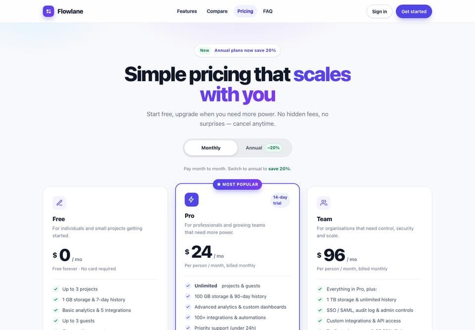 Pricing page built by Muse Wonder, desktop, top of the page