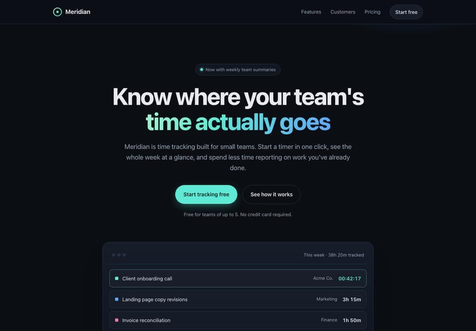 Landing page built by Claude Haiku 5.5, desktop, top of the page
