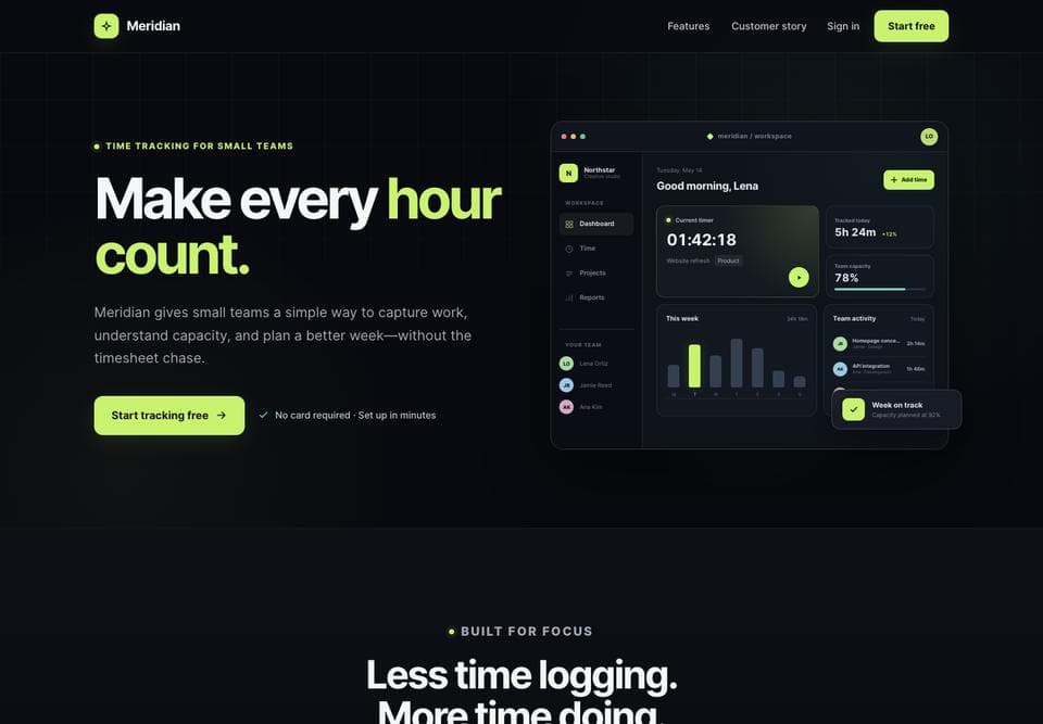 Landing page built by MiniMax M3, desktop, top of the page