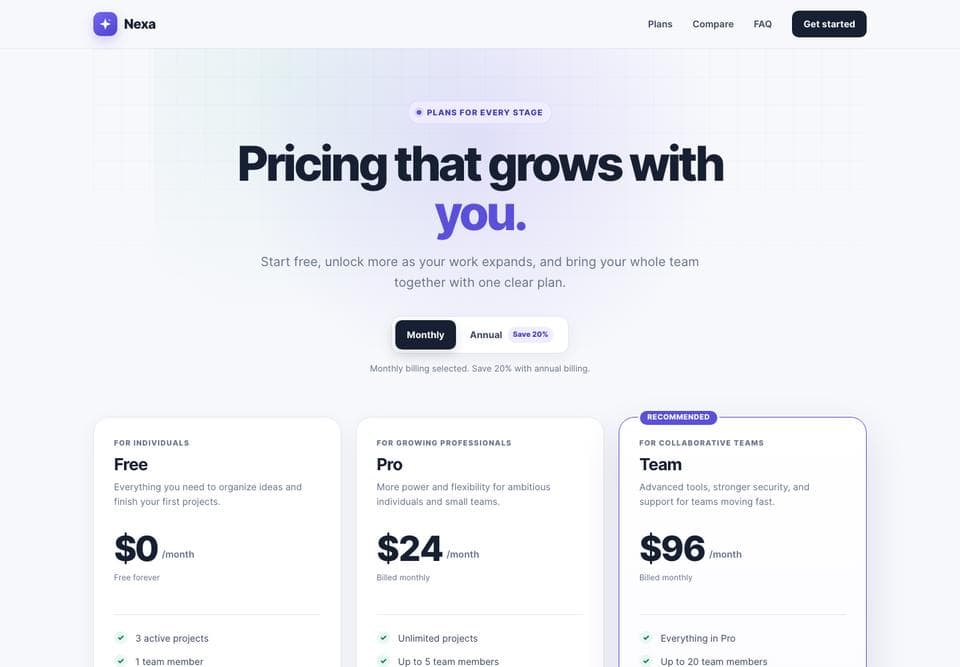 Pricing page built by MiniMax M3, desktop, top of the page