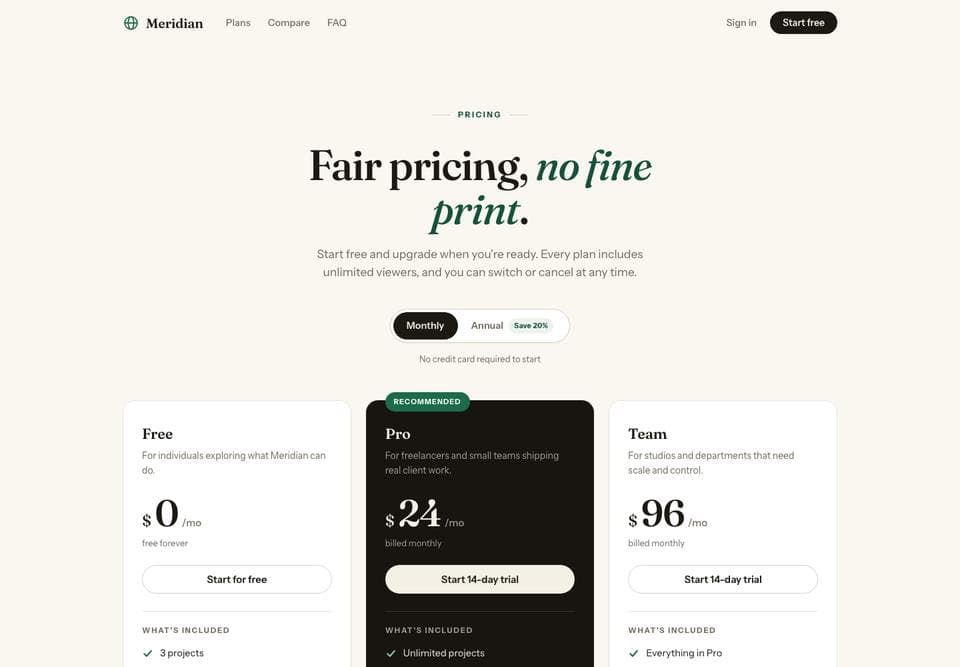 Pricing page built by Mistral Large 4, desktop, top of the page