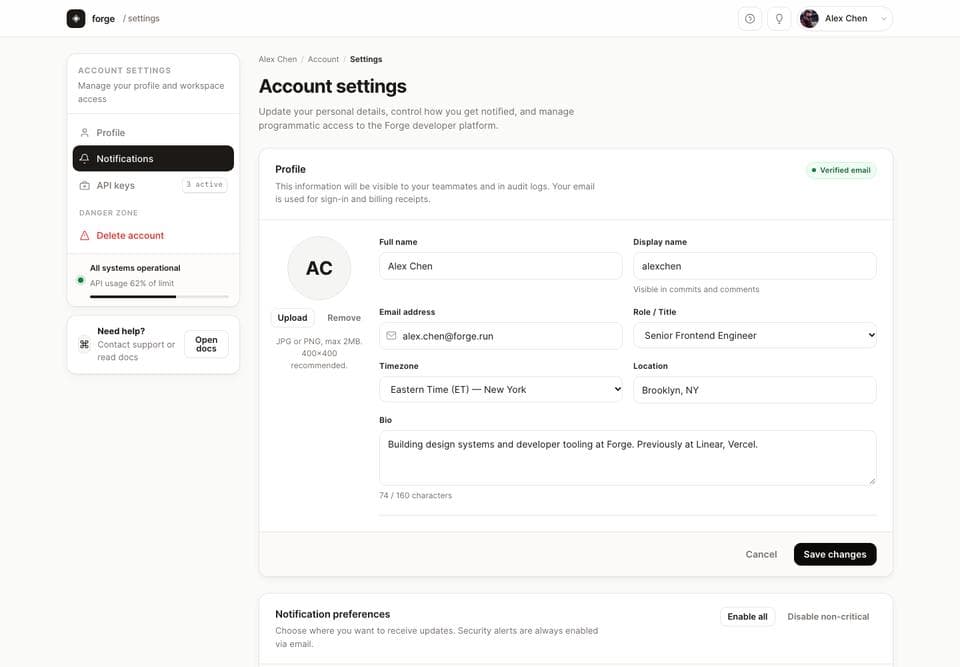 Settings page built by Muse Spark Open, desktop, top of the page
